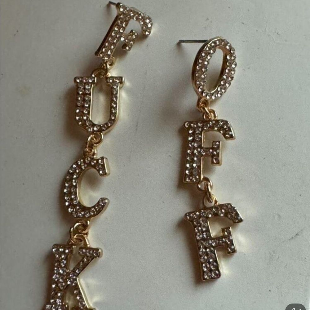 Gold Rhinestone Letter Dangle Punk Fashion F*uck Off Earrings - Picture 2 of 3